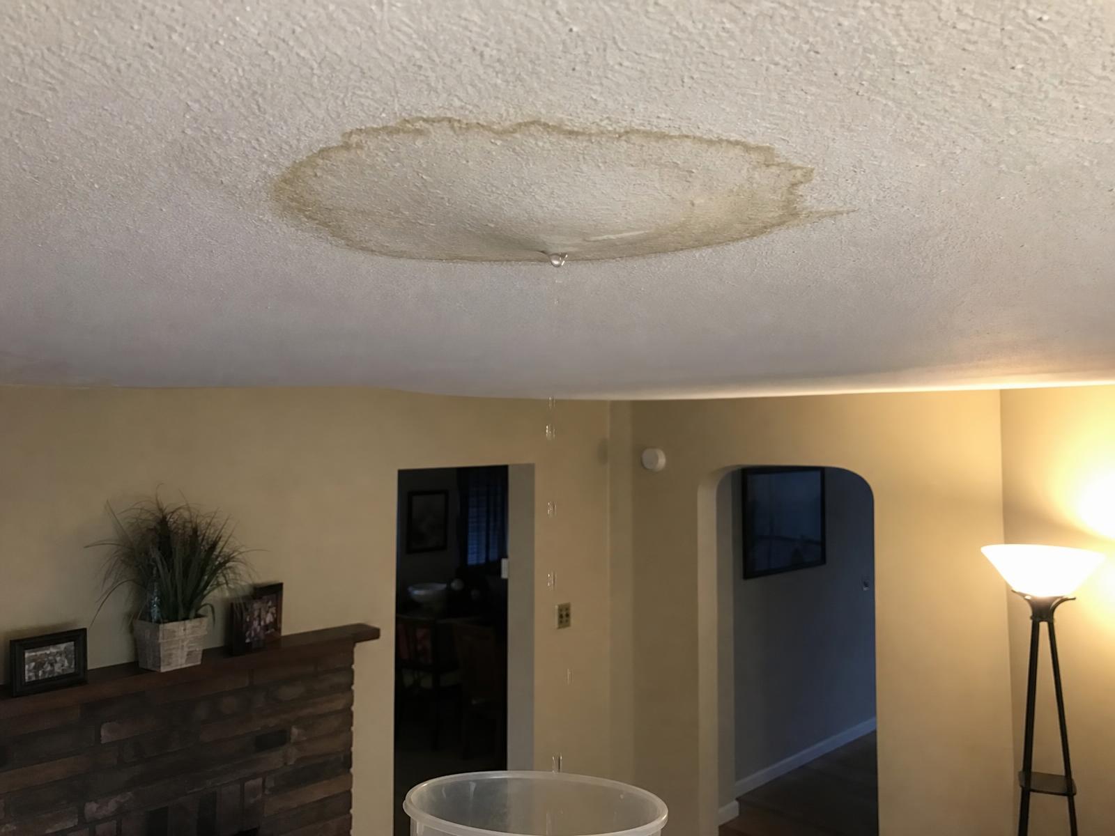 Water-stained living room ceiling with a sagging drywall bubble dripping into a bucket on the floor