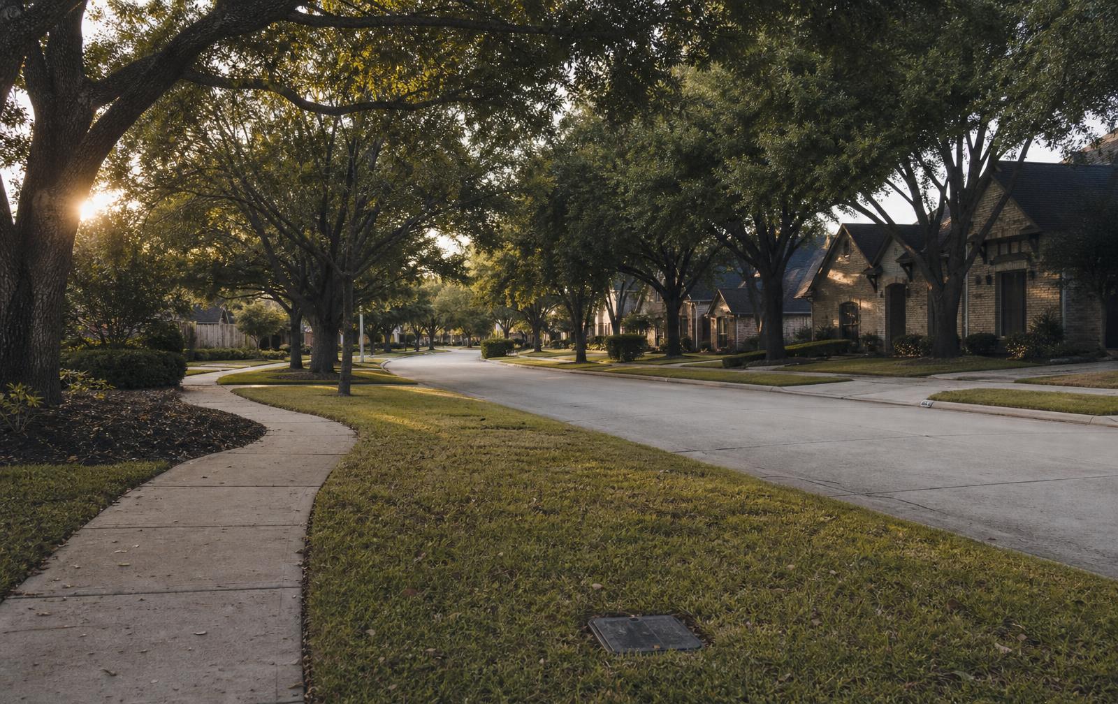 Tree-lined Northwest Houston residential street at golden hour with brick homes and a water meter box in the grass