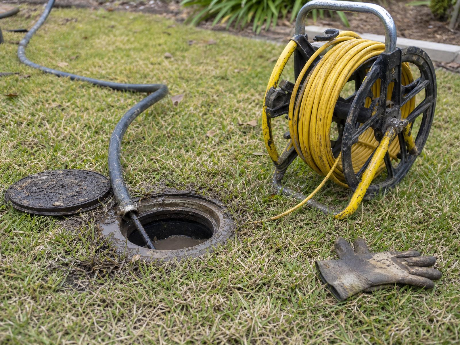 Open sewer cleanout in a Texas lawn with a drain camera cable reel and hose alongside it