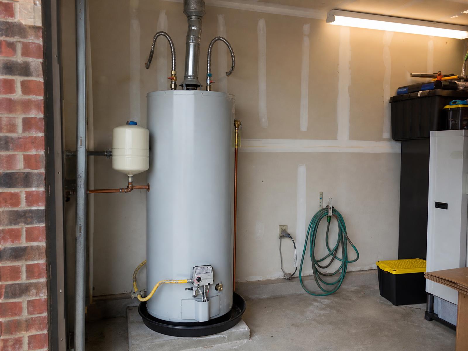 Residential gas water heater installed in a garage with drain pan, expansion tank and flex connectors
